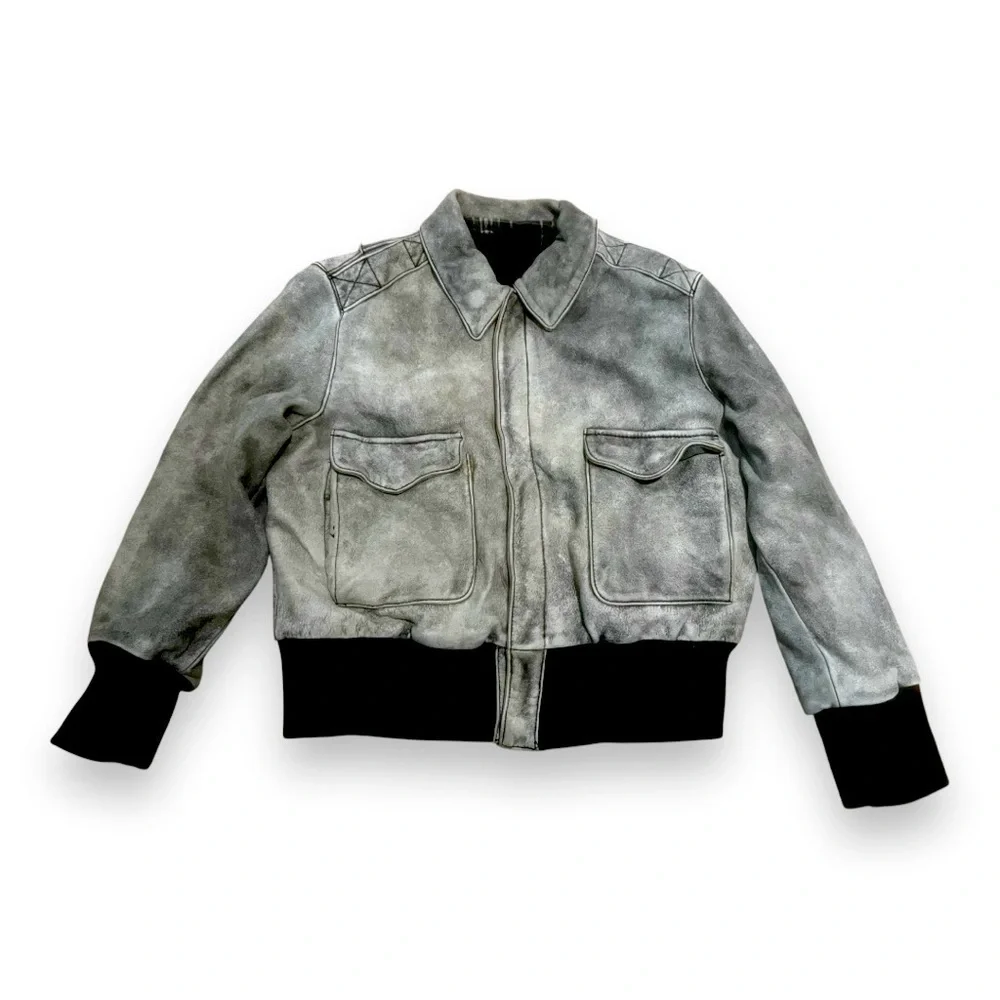 Oxford Leather Moto Bomber Jacket Gray Plaid Lined Medium Large